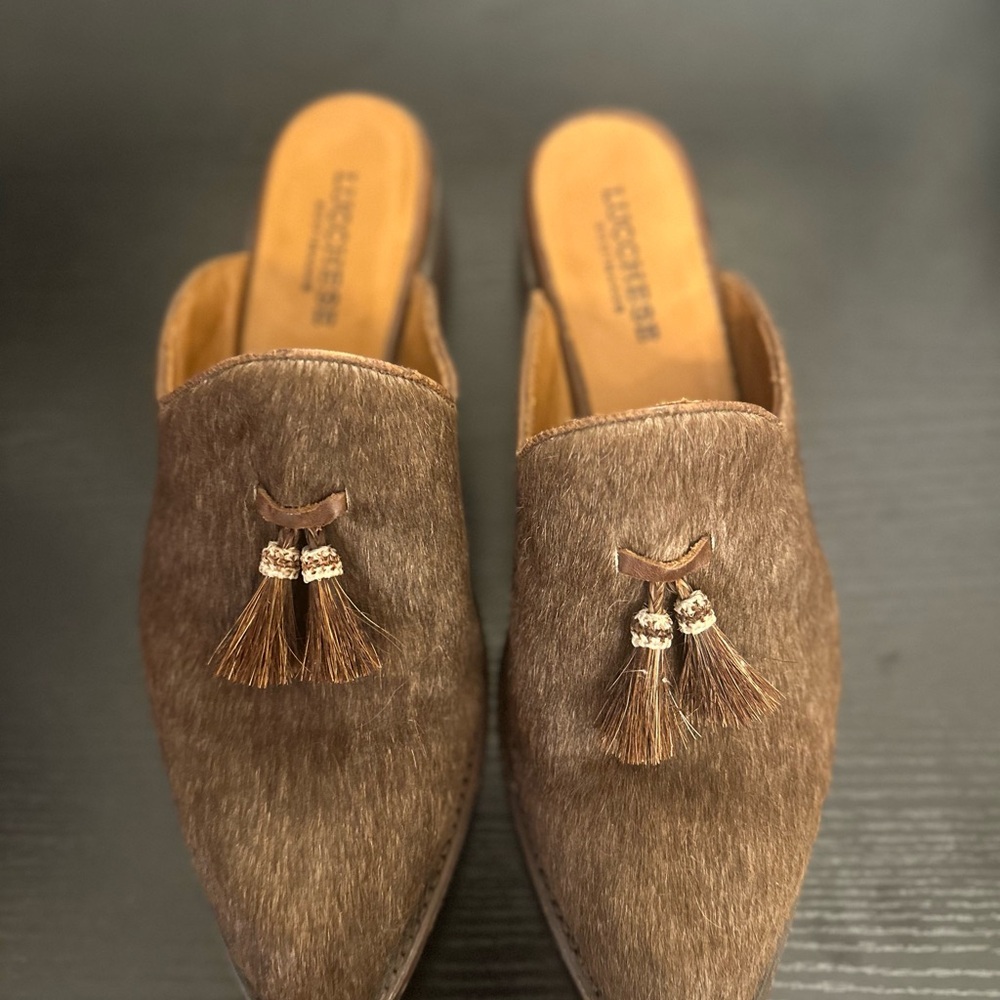 Lucchese Dark Brown Haircalf Mules with Tassel Accent